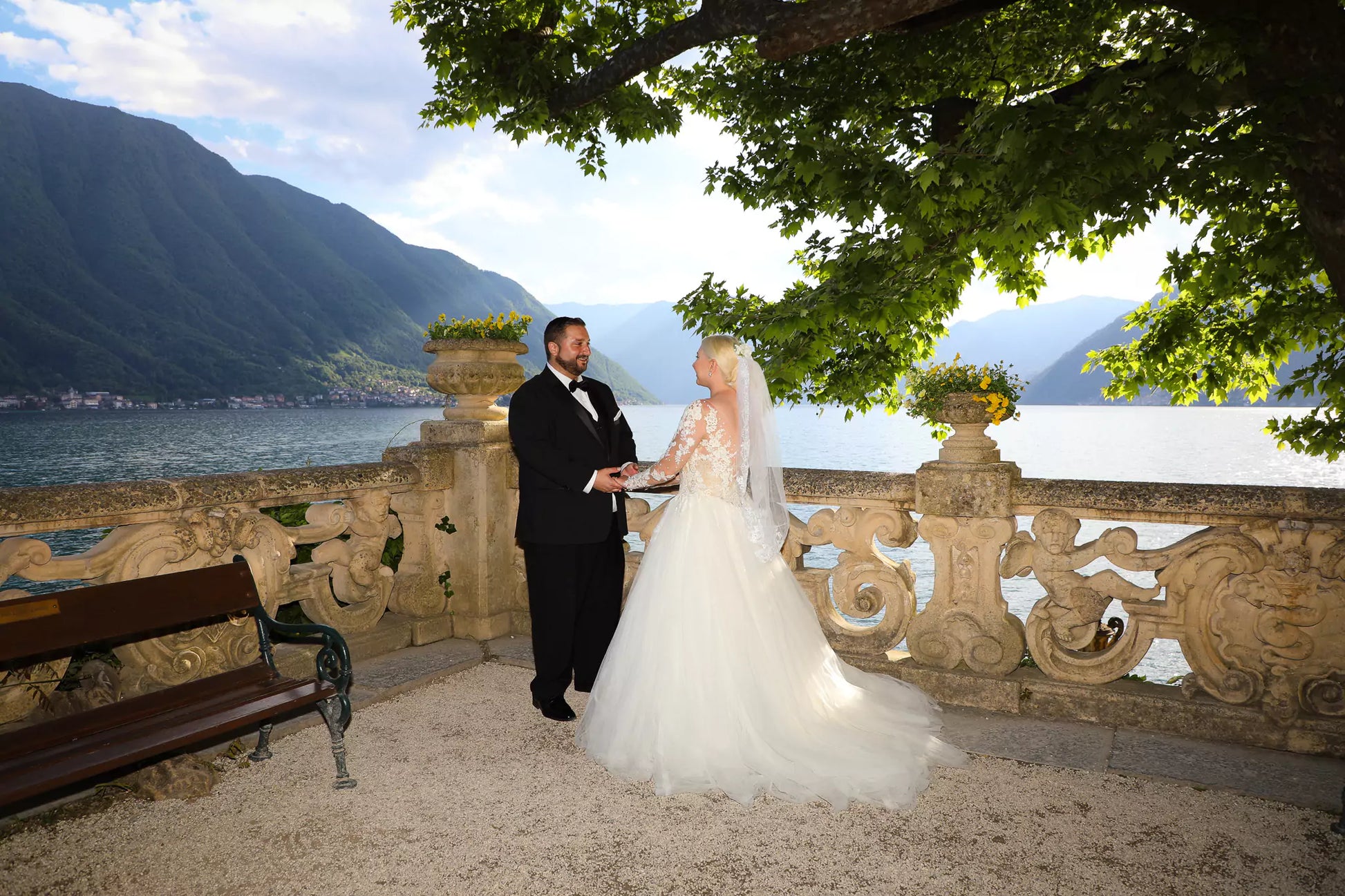 Newlyweds embracing at sunset during their Lake Como wedding photo session.