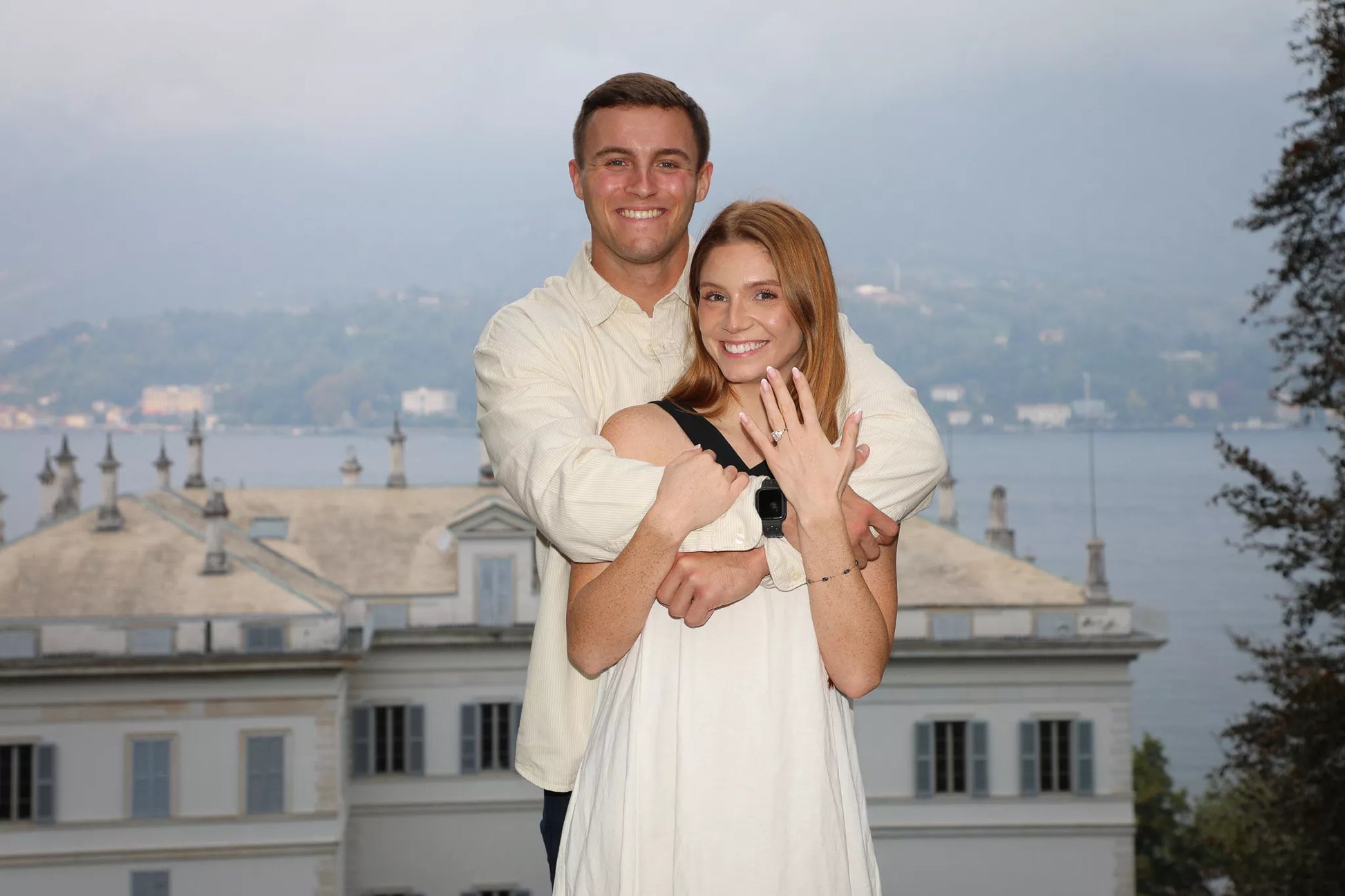Close-up of an engagement ring during a surprise proposal in Lake Como